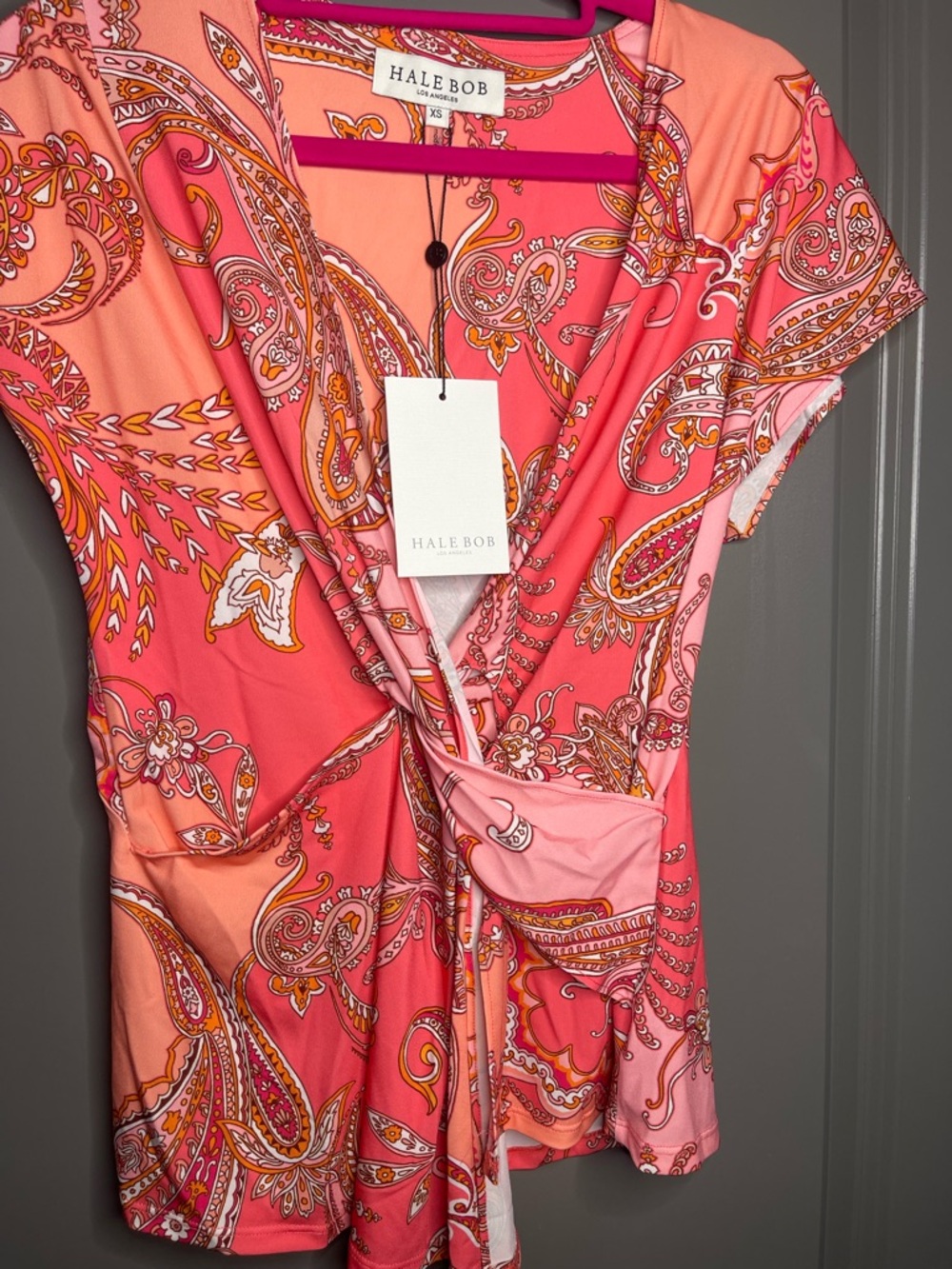 Hale Bob Coral and Pink Paisley Twist-Front Top